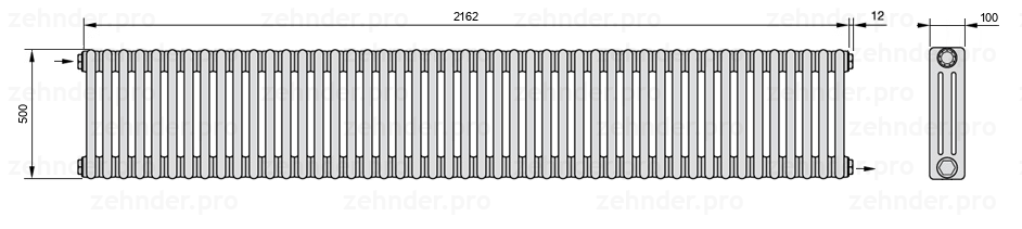 Схема (чертеж) Радиатор Zehnder Charleston 3050/47 №1670 Белый глянцевый RAL 9016